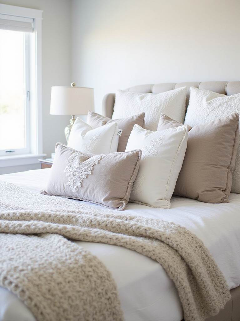 Master bedroom featuring layered textures with throws and pillows on a king-sized bed.