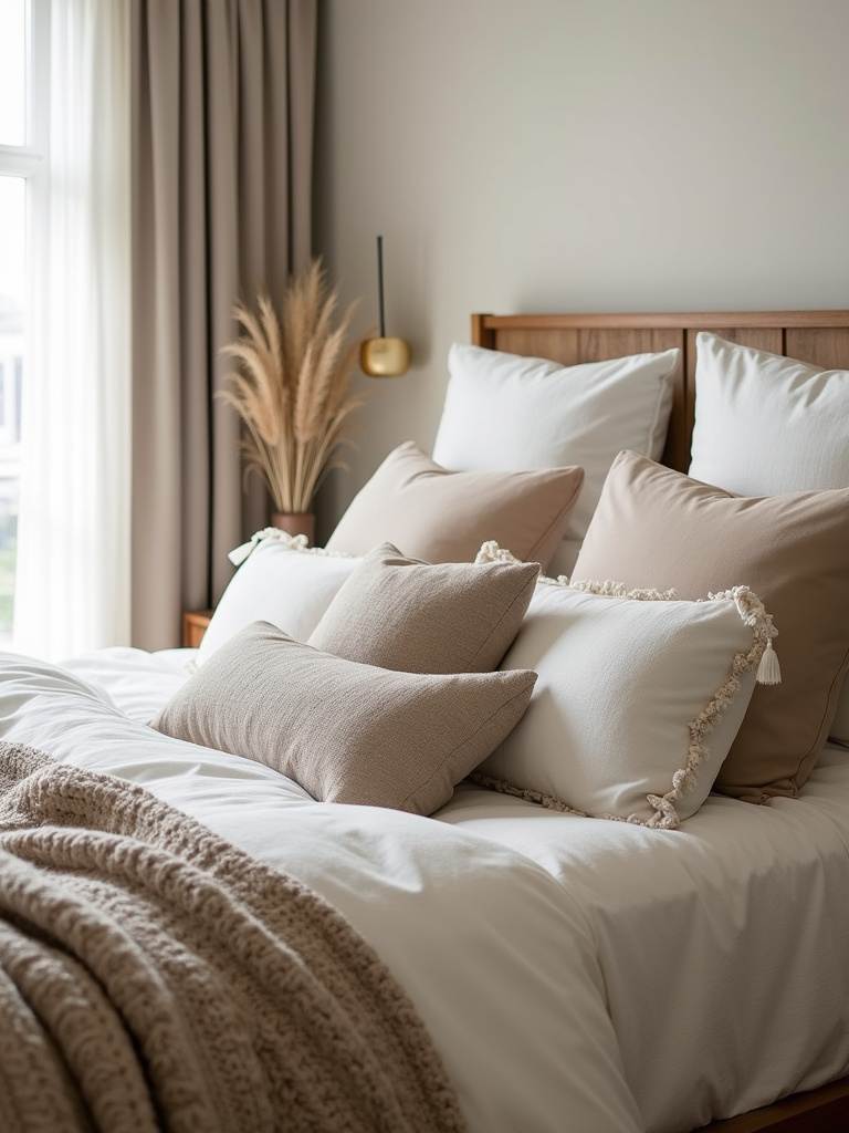 Layered bedding with various throw pillows creates a cozy and stylish bedroom.