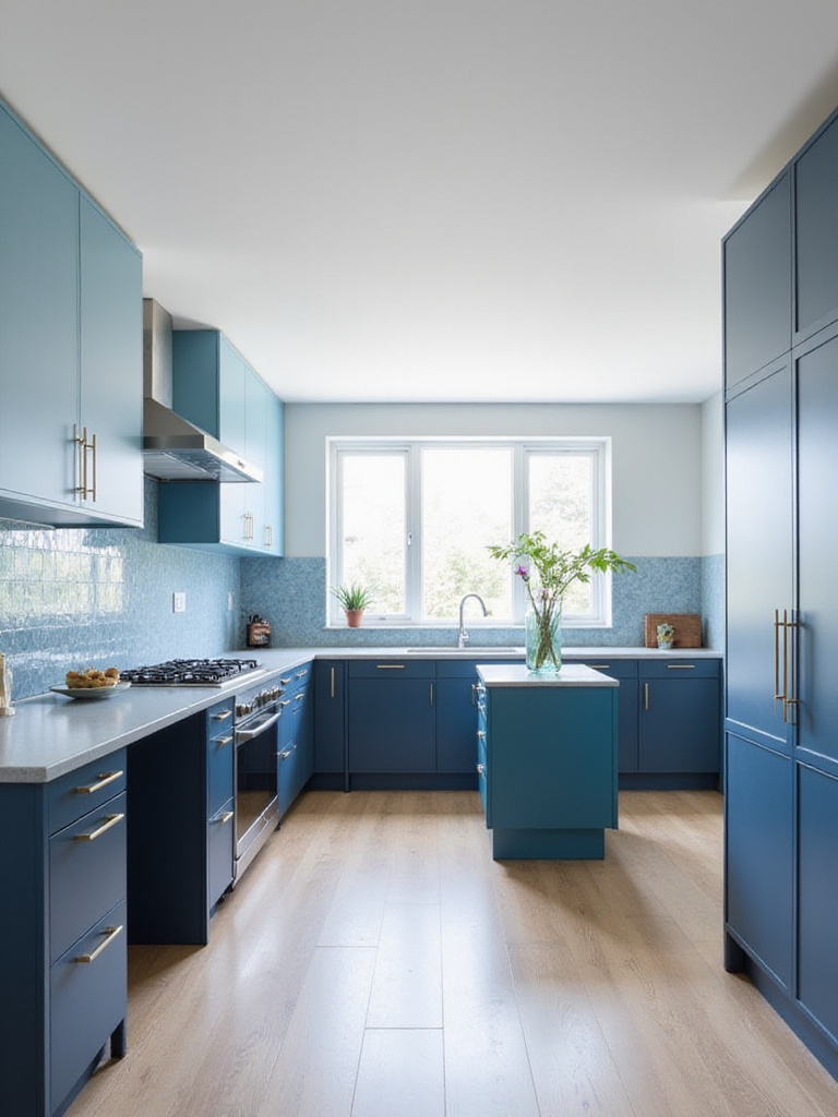 Modern kitchen with layered shades of blue on cabinets, backsplash, and island, creating visual interest.
