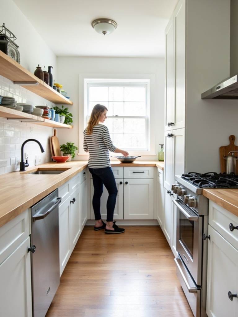 Efficient small galley kitchen layout with white cabinets and open shelving.