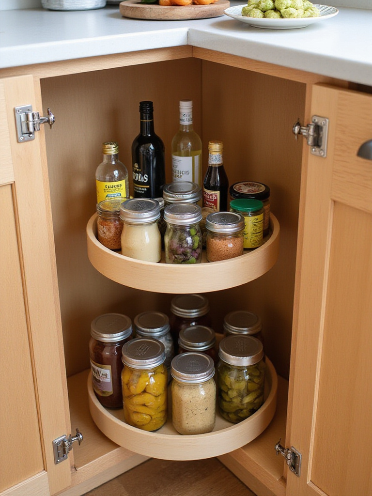 Organized kitchen corner cabinet with a two-tiered Lazy Susan holding spices and condiments