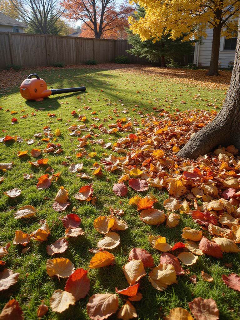 Autumn yard covered in colorful fallen leaves with leaf blower and compost pile.
