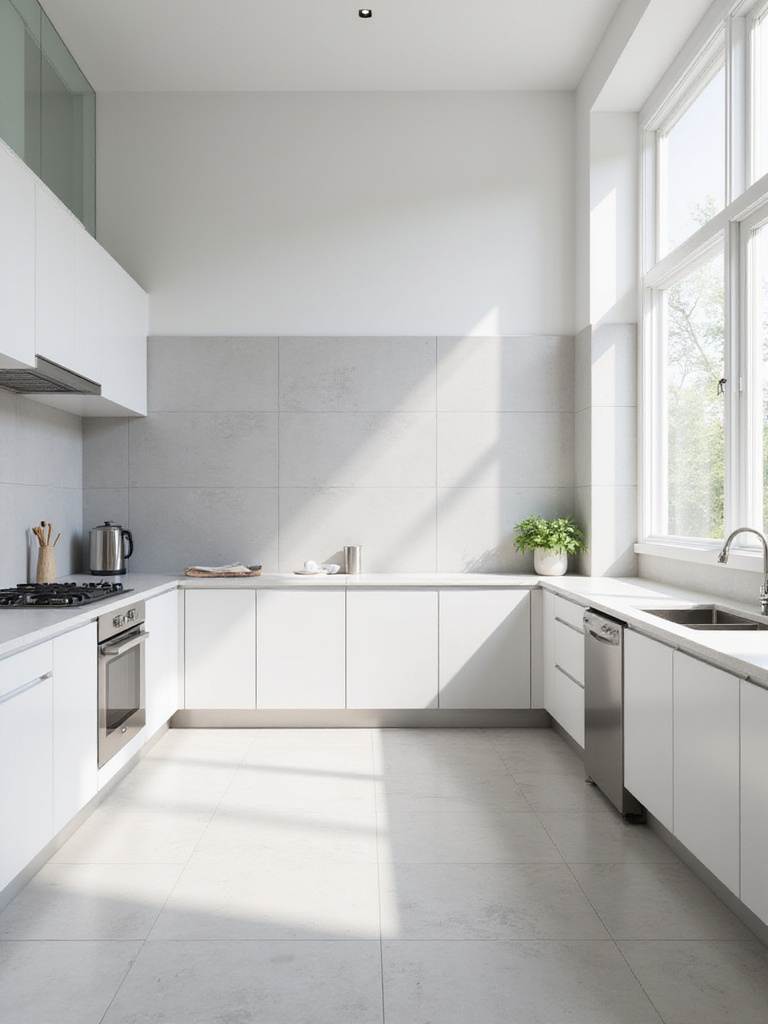 Modern kitchen with minimalist light gray large-format tile backsplash