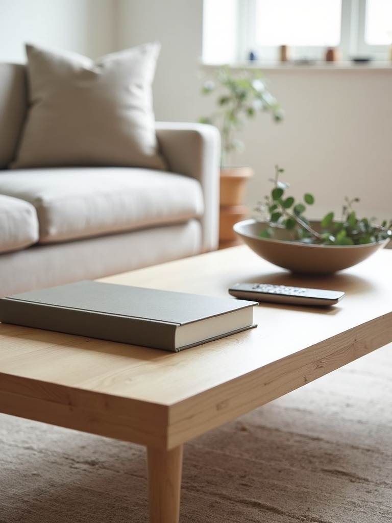 Minimalist coffee table styling with a coffee table book, eucalyptus, and remote control.