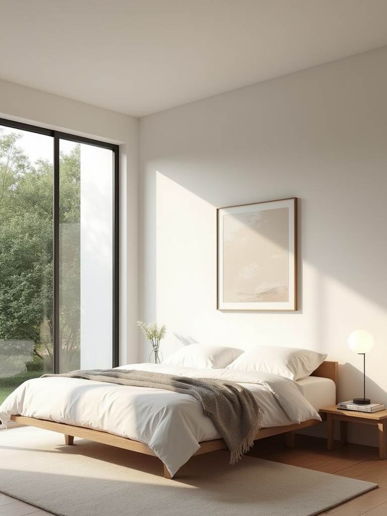 Minimalist bedroom interior design with white bedding, neutral colors, and natural light.