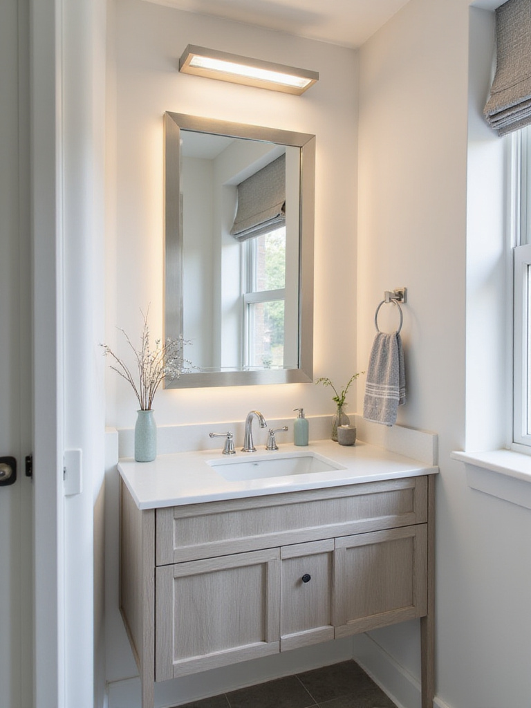 Modern bathroom vanity with updated LED lighting and flush-mount ceiling light.