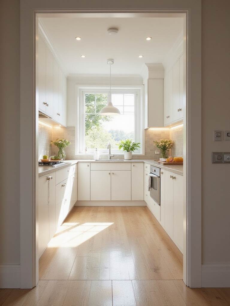 Bright and airy small kitchen with layered lighting, white cabinets, and natural light.