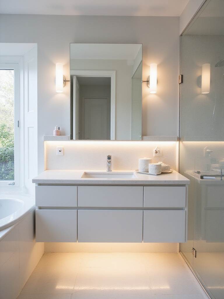 Modern bathroom vanity with new sconces and under-cabinet LED lighting.