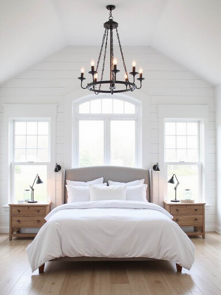 Farmhouse bedroom with rustic lighting fixtures, including a chandelier, table lamps, and sconces.