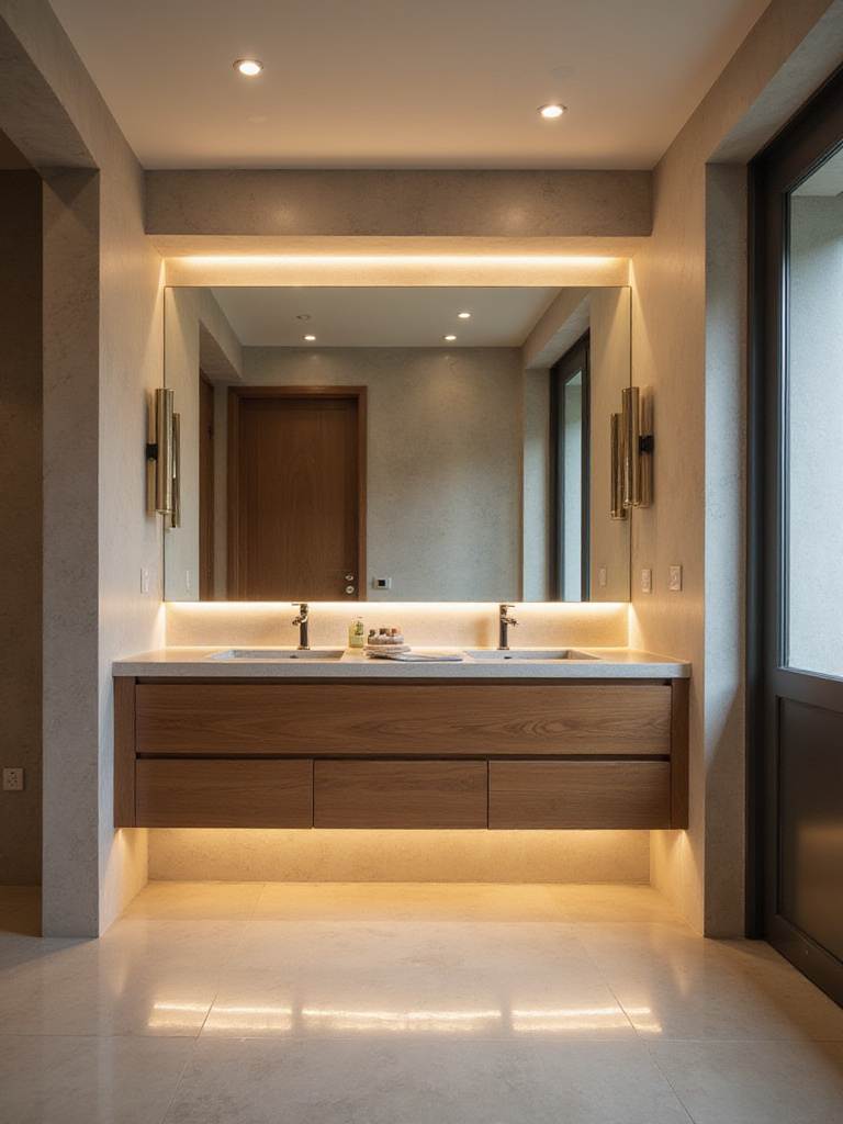 Modern bathroom with updated lighting fixtures, including vanity sconces, recessed lighting, and under-cabinet LED strip lights.