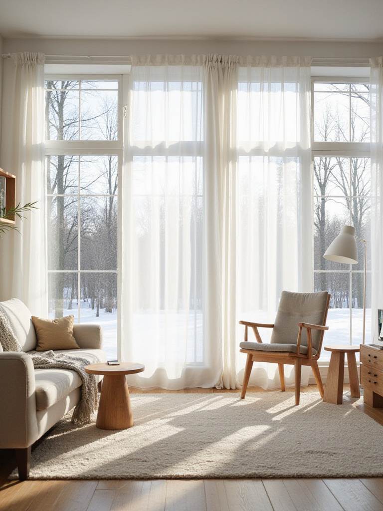 Scandinavian living room with large windows maximizing natural light
