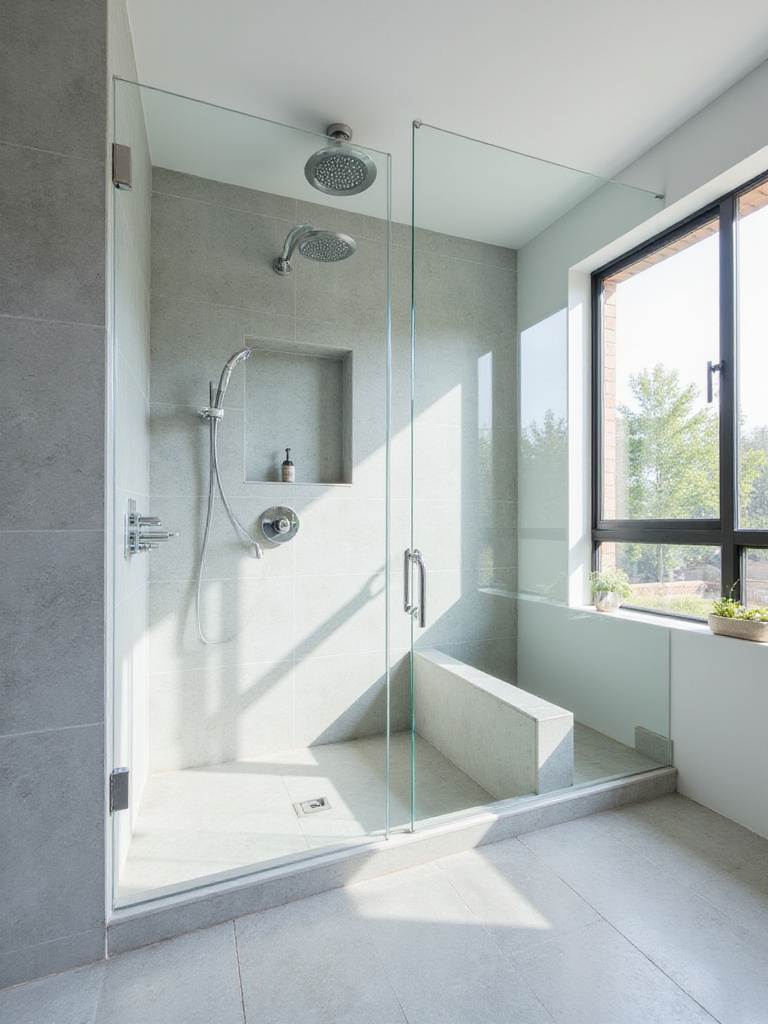 Modern bathroom with frameless glass enclosed shower allowing natural light to flood the space.
