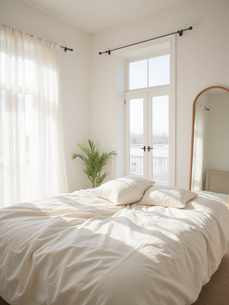Bedroom interior filled with natural light streaming through sheer curtains.