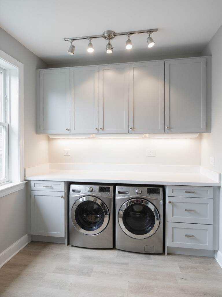 Modern laundry room with bright task lighting illuminating the folding area and appliances.