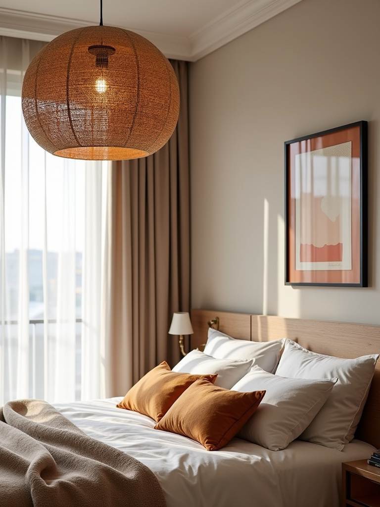 Modern bedroom with rattan pendant light creating warm ambiance