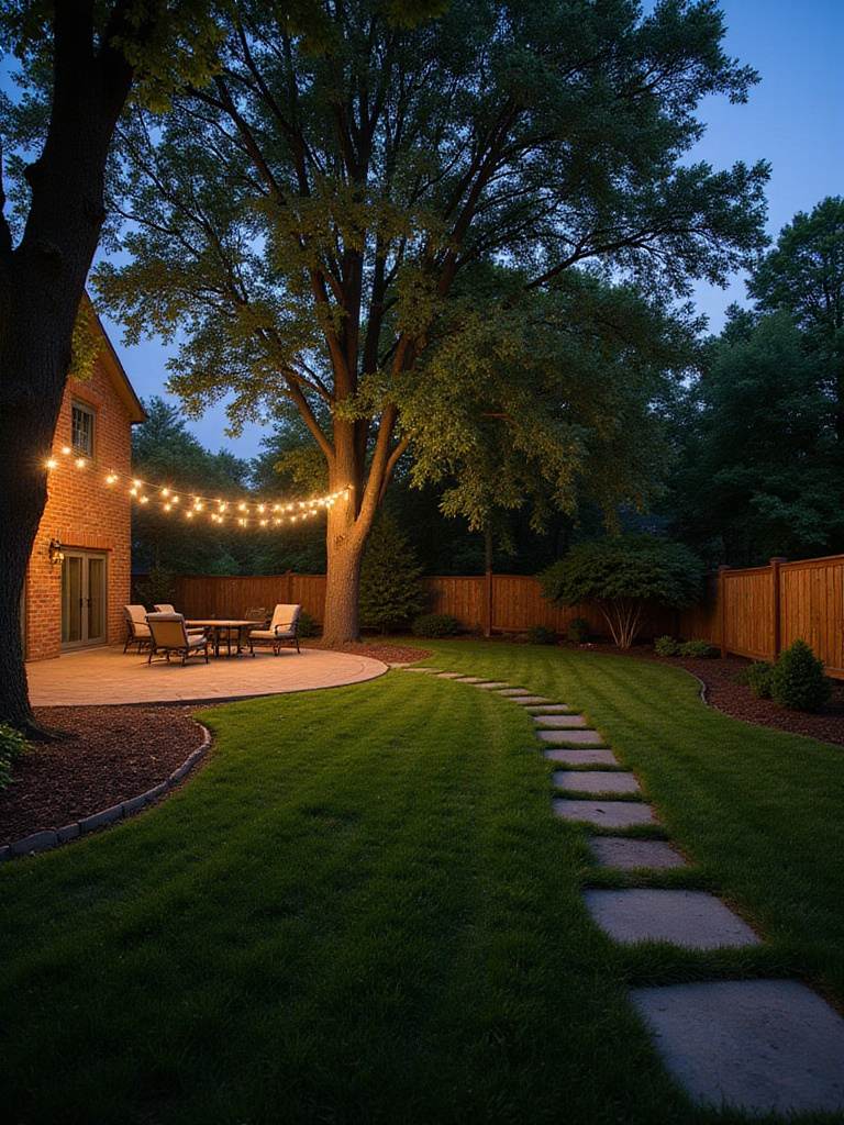 Backyard illuminated with layered outdoor lighting, including uplighting, string lights, and path lights, creating a relaxing outdoor oasis at twilight.