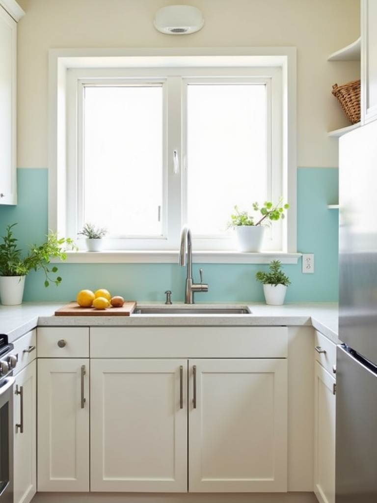 Bright white and pastel blue kitchen design to maximize space in a small kitchen