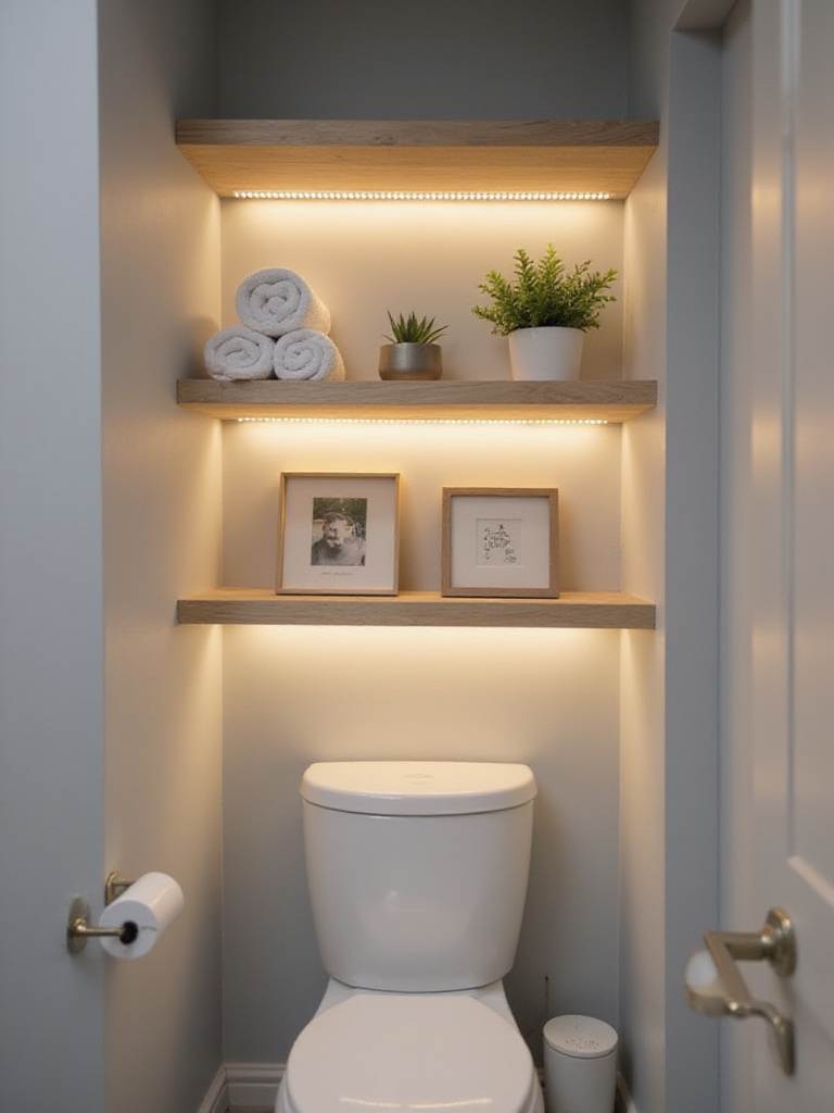 Bathroom over-toilet shelving unit with soft LED lighting highlighting decorative items.