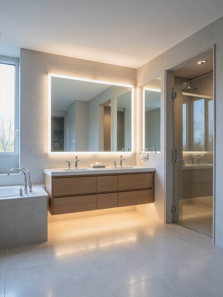 Modern bathroom with LED strip lighting under vanity and behind mirror