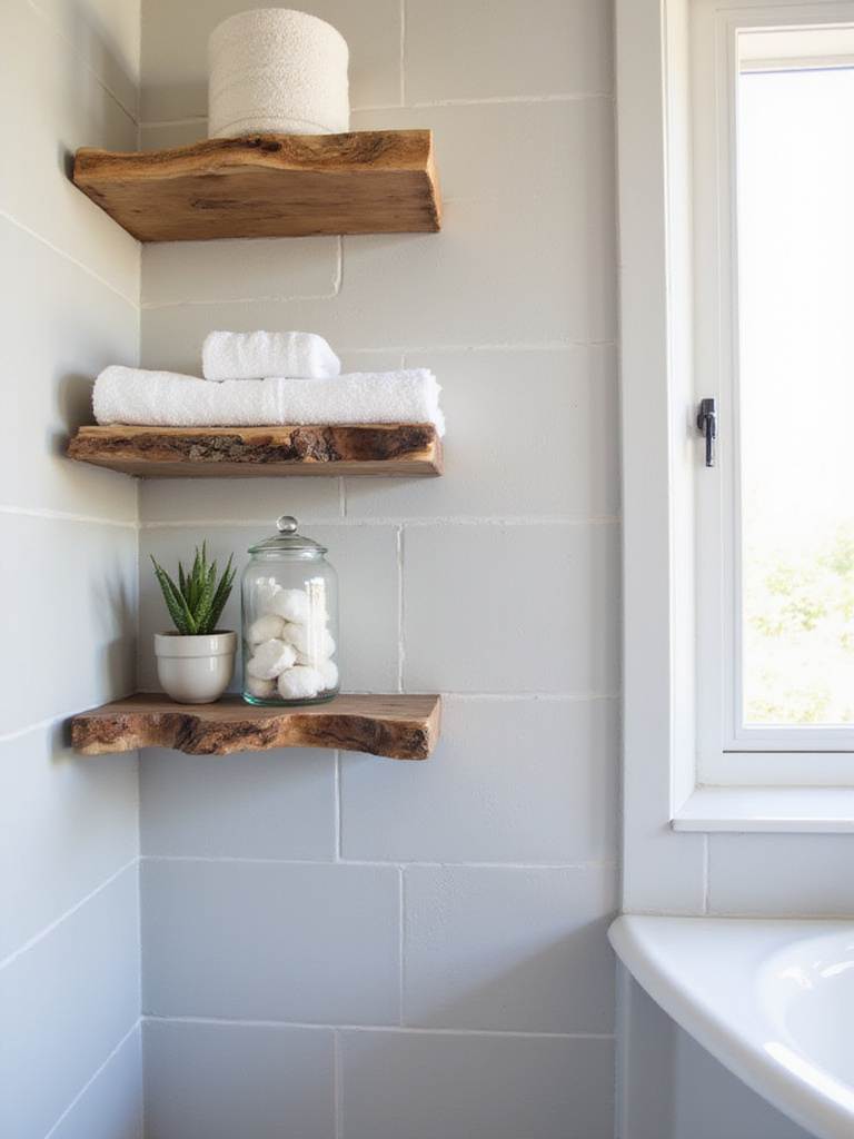 Rustic bathroom featuring live edge wood shelves for storage and display