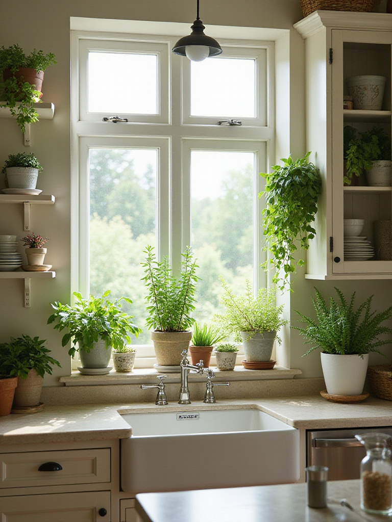Cottage kitchen with plants and herbs on windowsill and shelves.