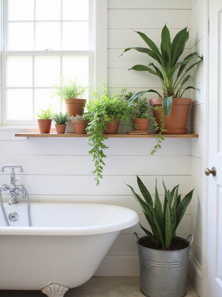Farmhouse bathroom decor featuring lush greenery in rustic terracotta and metal pots on a shelf and near a clawfoot tub.