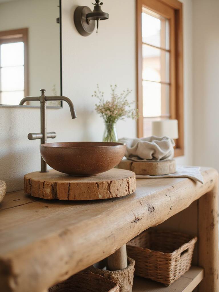 Rustic bathroom vanity featuring a log slice countertop and vessel sink.