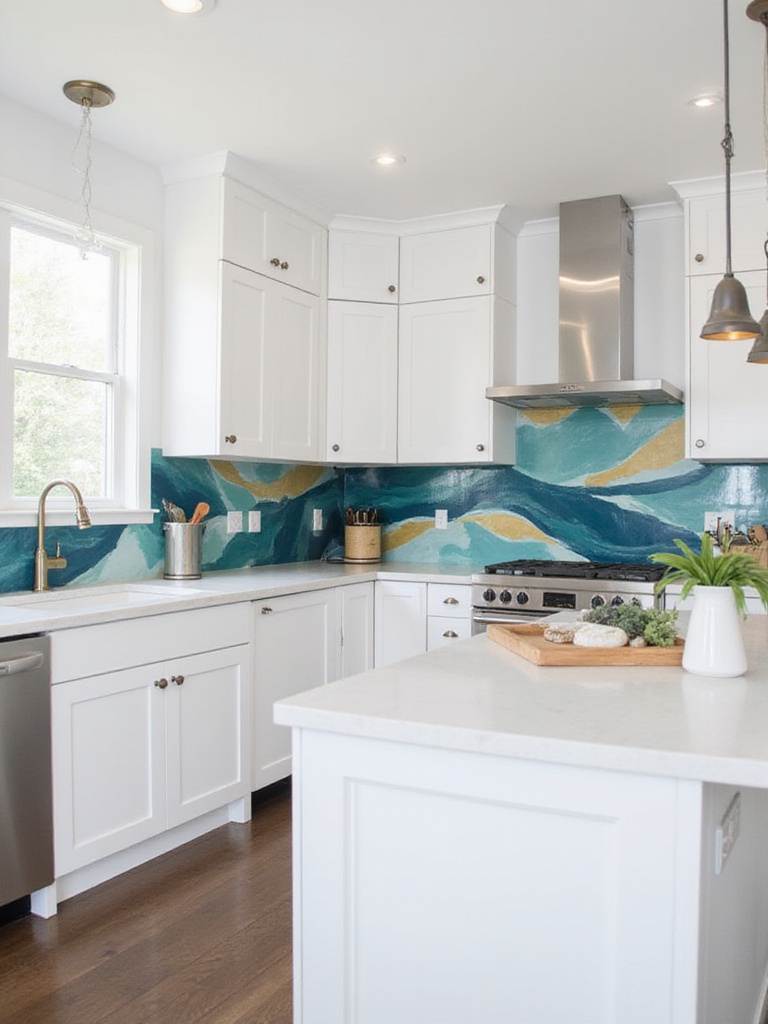Modern kitchen with a vibrant abstract mural backsplash in teal, gold, and navy blue.