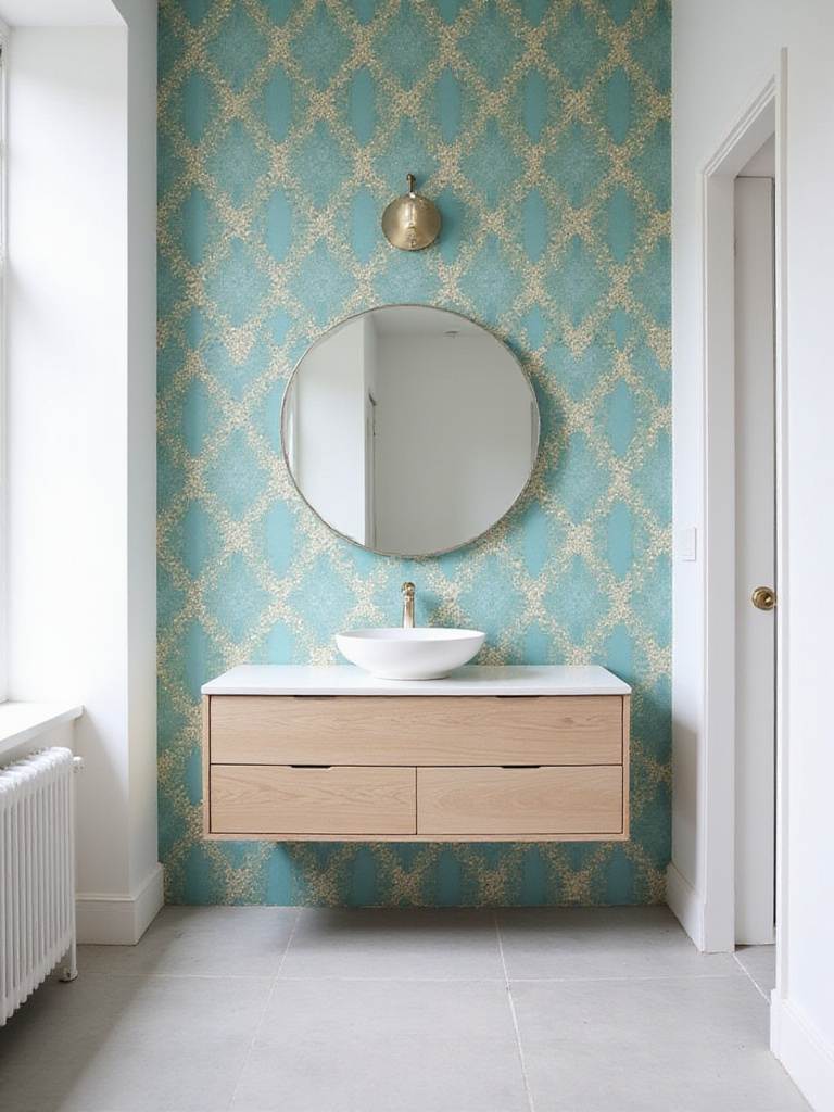 Modern bathroom with a teal, gold, and white geometric wallpaper statement wall.