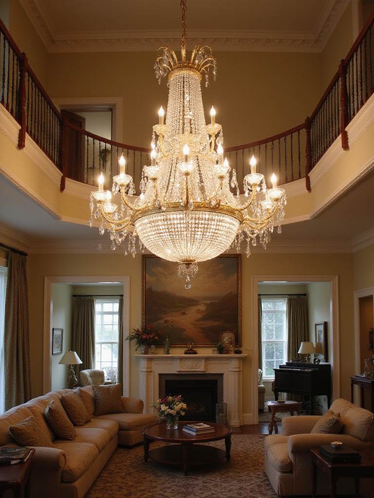 Luxurious living room with a dazzling crystal chandelier as the focal point.