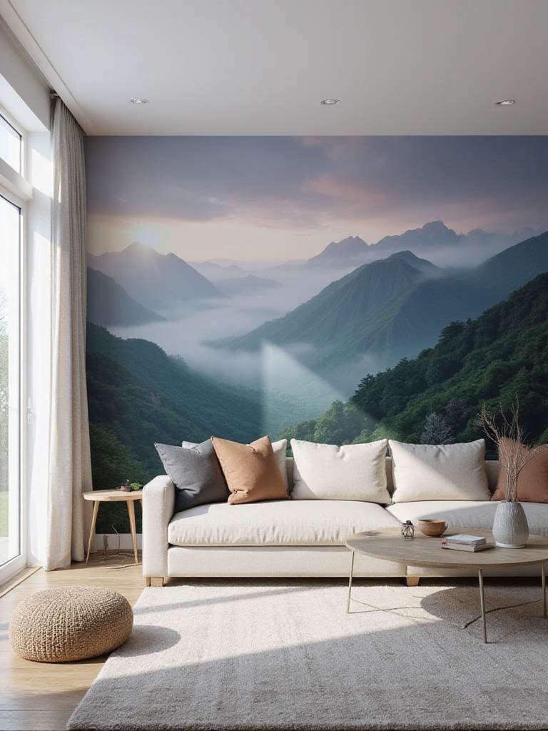 Dramatic mountain landscape mural wallpaper in a modern living room.