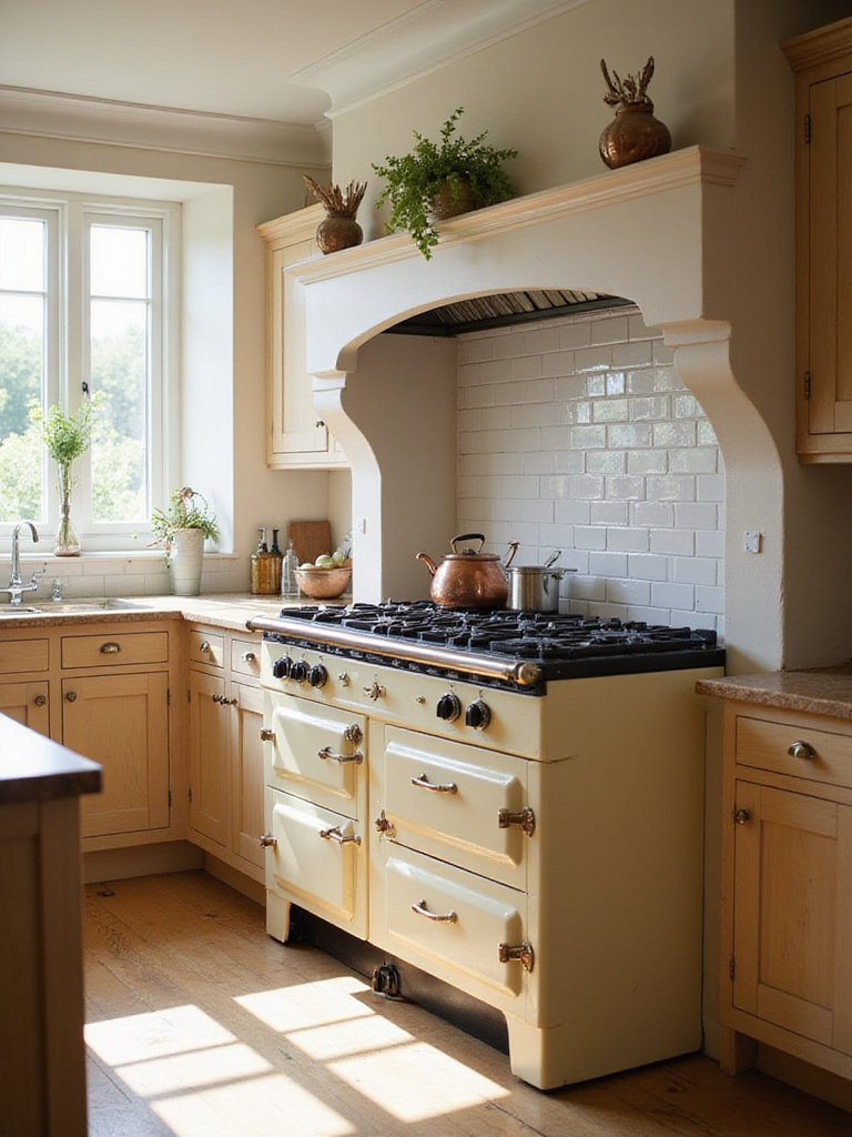 Cream-colored traditional range cooker in a charming cottage kitchen.
