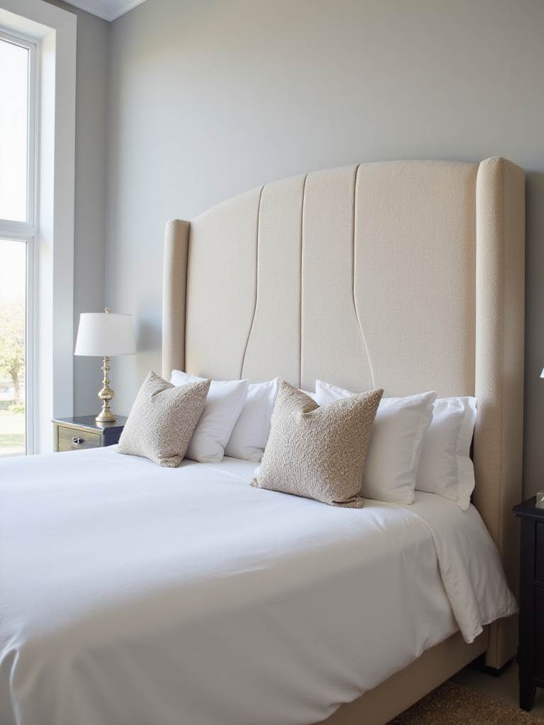Luxurious master bedroom with oversized upholstered headboard.
