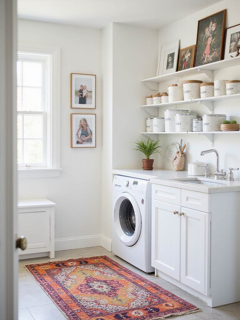 Personalized laundry room with gallery wall, colorful rug, and decorative storage containers.