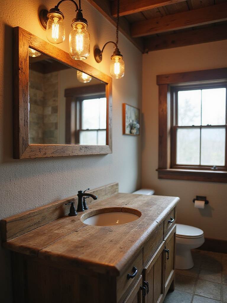 Rustic bathroom vanity with mason jar sconce lighting.