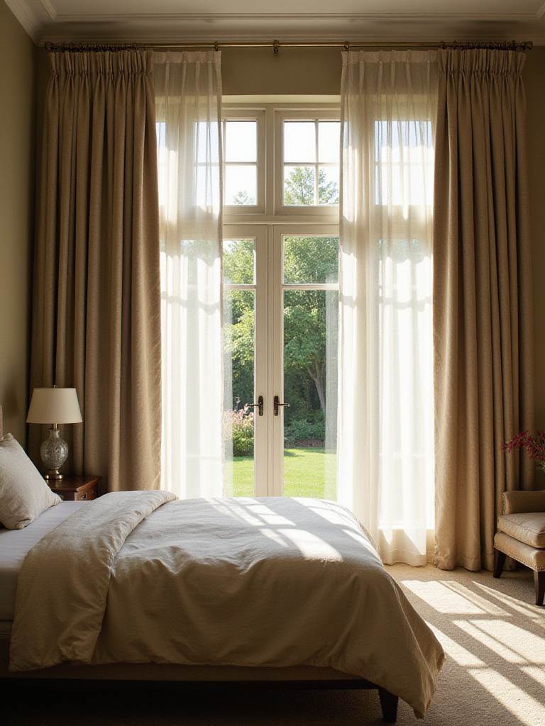 Master bedroom with layered window treatments featuring sheer curtains and blackout drapes for optimal light control and privacy.