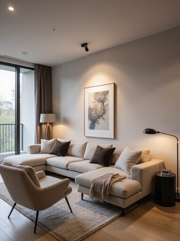 Living room interior showcasing layered lighting with ambient, task, and accent light sources.