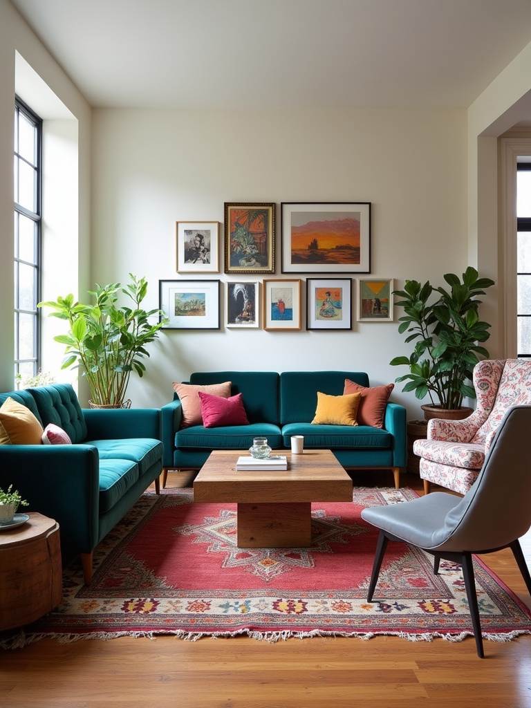 Eclectic living room featuring a mix of mid-century modern, vintage, and modern furniture styles.