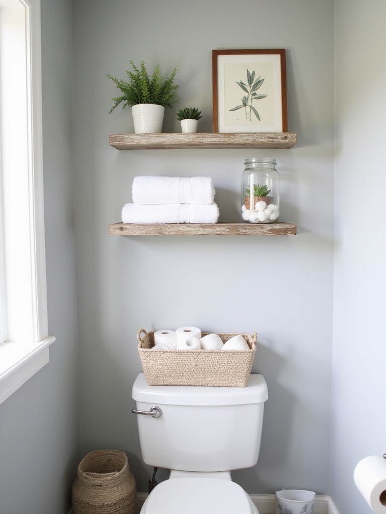 Over-toilet shelf in a modern farmhouse bathroom, styled with white towels, succulents, and vintage accents.