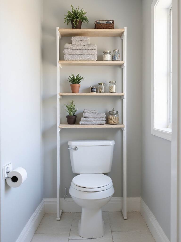 Corner shelves above toilet maximizing space in a small bathroom
