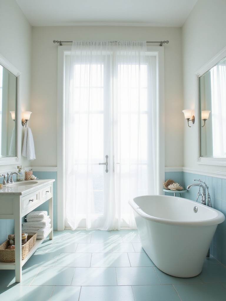 Bright and airy coastal bathroom with large window and sheer curtains, maximizing natural light