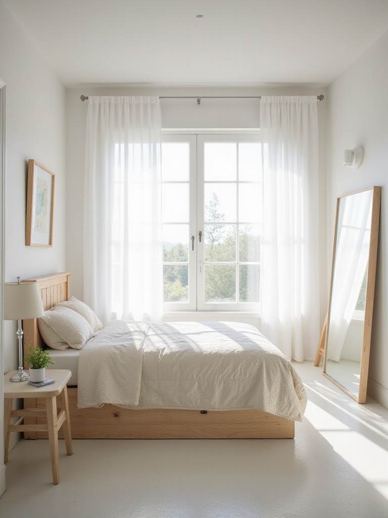 Bright and airy farmhouse bedroom with large window and sheer curtains.