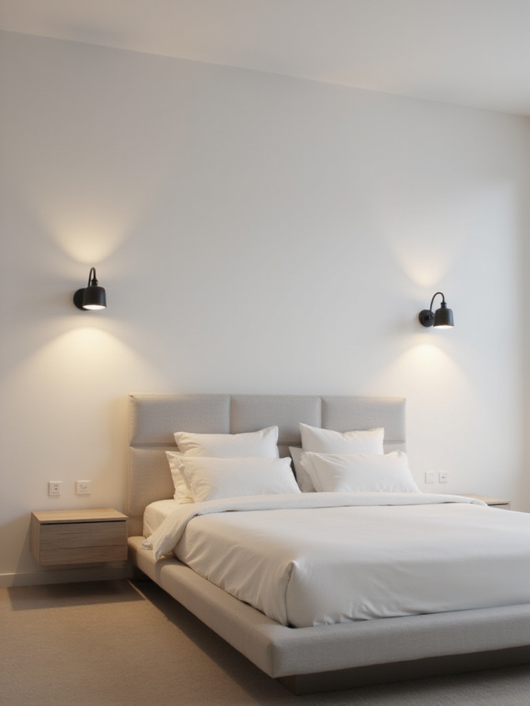 Modern bedroom with wall sconces as bedside lighting to save space