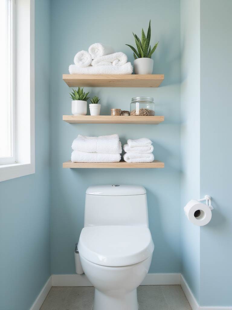 Bright modern bathroom with wooden shelving unit above the toilet displaying neatly folded towels and small plants.