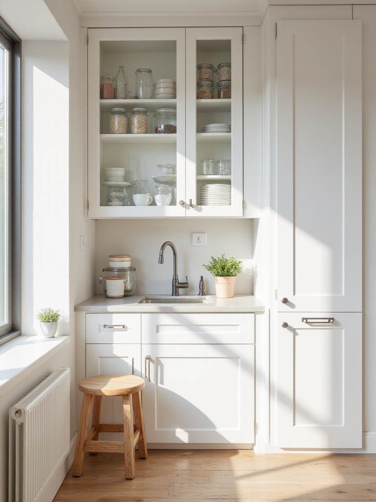 Small kitchen design featuring white floor-to-ceiling cabinets maximizing vertical storage.