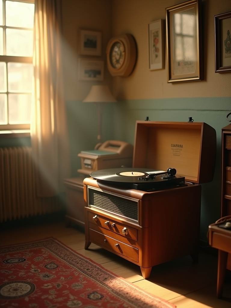 Vintage bedroom with record player as a decorative accent
