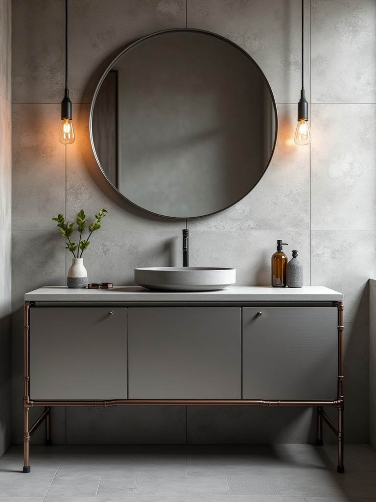 Stainless steel bathroom vanity with concrete countertop and exposed plumbing for industrial chic style