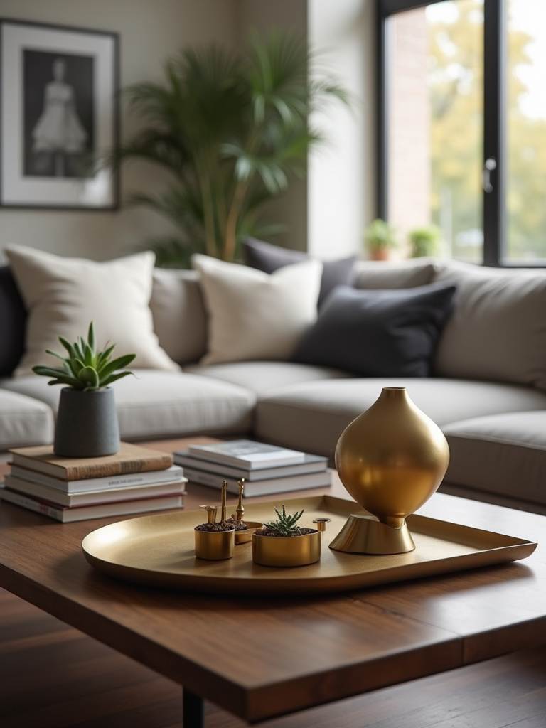 Coffee table styling with metallic accents: gold sculpture and brass tray.