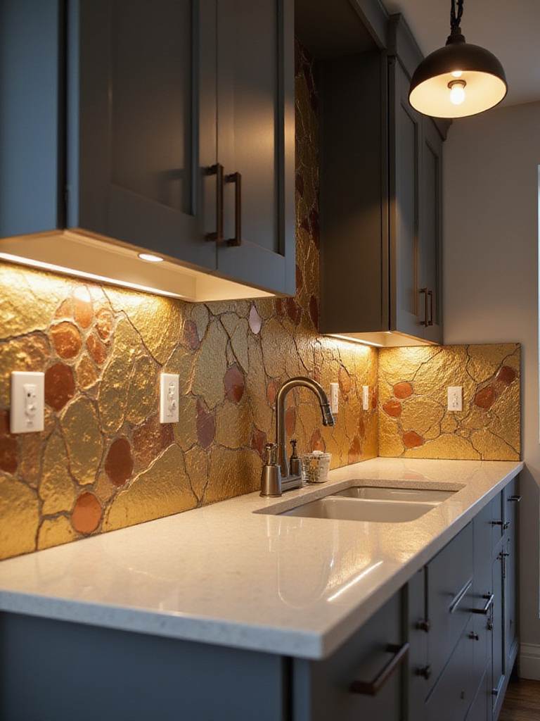 Contemporary kitchen with a geometric metallic backsplash featuring gold, copper, and bronze tiles.