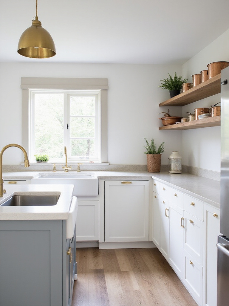 Modern kitchen with light gray cabinets and brass accents